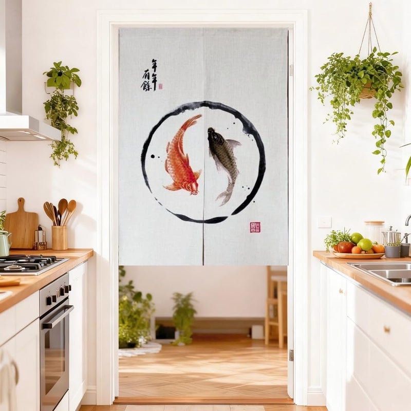 MYRU Japanese Noren Doorway Curtain Tapestry Entrance Feng Shui Door Curtain (Red Fish,33.5 Inches x 59 Inches) - Image 1